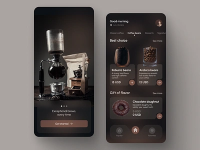 Coffee shop mobile application application brown chocolate coffee mobile app coffee shop dark theme food and drink food app order app product design restaurant splash screen ui