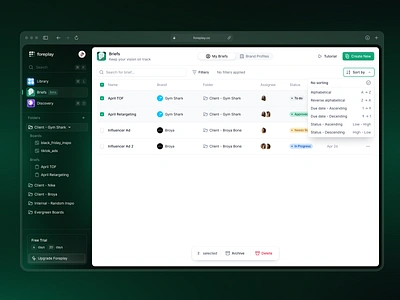 Briefs Table View 🔖 bulk action bulk actions crm dashboard dark dashboard dropdown folders icons modal navigation opened navigation saas dashboard states table table view