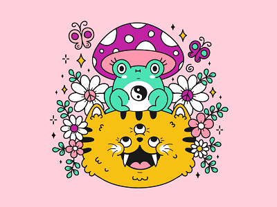 Tiger and toad 60s acid cartoon character cute flower frog groovy hippie illustration kawaii lsd poster print psychedelic purple t shirt third eye tiger trippy