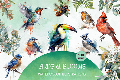 Bird & Blooms Watercolor Set design digital art graphic design illustration