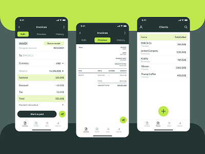 Mobile app | Invoices 2023 app cleandesign figma invoice mobile neon trend ui uiux ux