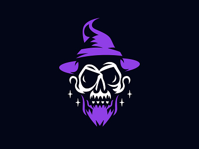 Wizard Skull Logo beard brand branding cartoon design face hat identity illustration logo magic magician modern negative purple skeleton skull space vector wizard