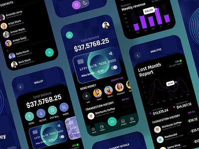 Finance Management App UI Kit (Dark version) app app design awe bank bank app banking app finance finance app financial app fintech fintech app ios mobile app money money app money transfer wallet app