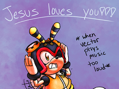 Poor Charmy Bee in “Noisy Waves” Fanart chaotix character charmy charmy bee color digital fan art fanart final finished full illustration jesus loves you!!! music sonic sonic the hedgehog style stylized the mustard seed life