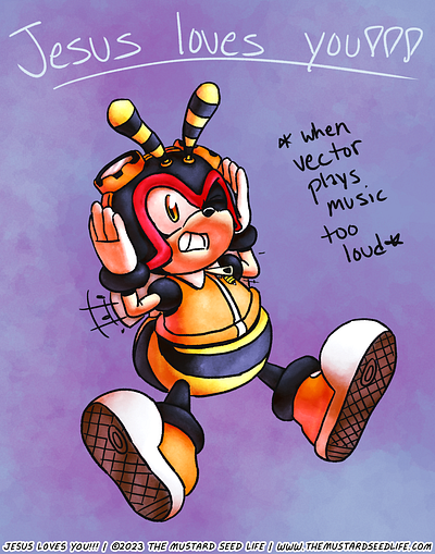 Poor Charmy Bee in “Noisy Waves” Fanart chaotix character charmy charmy bee color digital fan art fanart final finished full illustration jesus loves you!!! music sonic sonic the hedgehog style stylized the mustard seed life