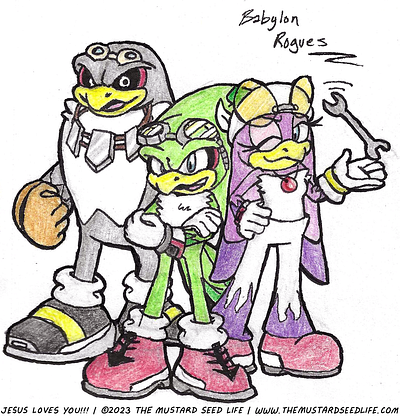 “Babylon Rogues” Jet, Wave, & Storm Fanart character characters colored pencil fan art fanart illustration ink inks jesus loves you!!! jet jet the hawk sonic sonic the hedgehog storm storm the albatross stylized the mustard seed life traditional wave wave the swallow