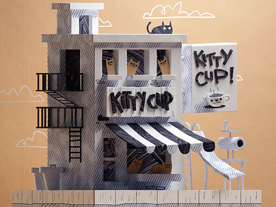 Kitty Cup 3d b3d blender cardboard doodle illustration isometric kitty low poly render sketch sketching