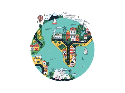 Planet Map building car city earth earth day ecology flat geography illustration line map mountain ocean outline plane planet road transport travel vector