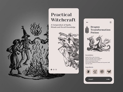 Witchcraft Handapp app craft design dragon ingredients potion rituals skeleton skull spell transformation ui ux witch witchcraft