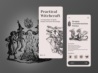 Witchcraft Handapp app craft design dragon ingredients potion rituals skeleton skull spell transformation ui ux witch witchcraft
