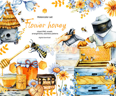 Bees, honey, apiary, wildflowers, clipart and digital paper apiary bee beehouse beekeeper bouquet cake candle clipart design digital paper flower hand drawn honey illustration meadow seamless pattern watercolor wax wildflowers