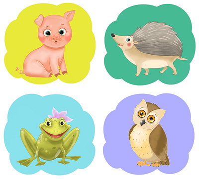 Educational cards for children (onomatopoeia) charactersdesign childrensbookillustrator cute design frog graphic design hedgehog illustration illustrator kidlitart owl pig
