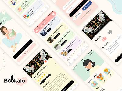 Bookalo - Application Design app application beige book bright cartoon colorful daily ui design education green illustration mobile pink reading reviews tablet ui ux yellow
