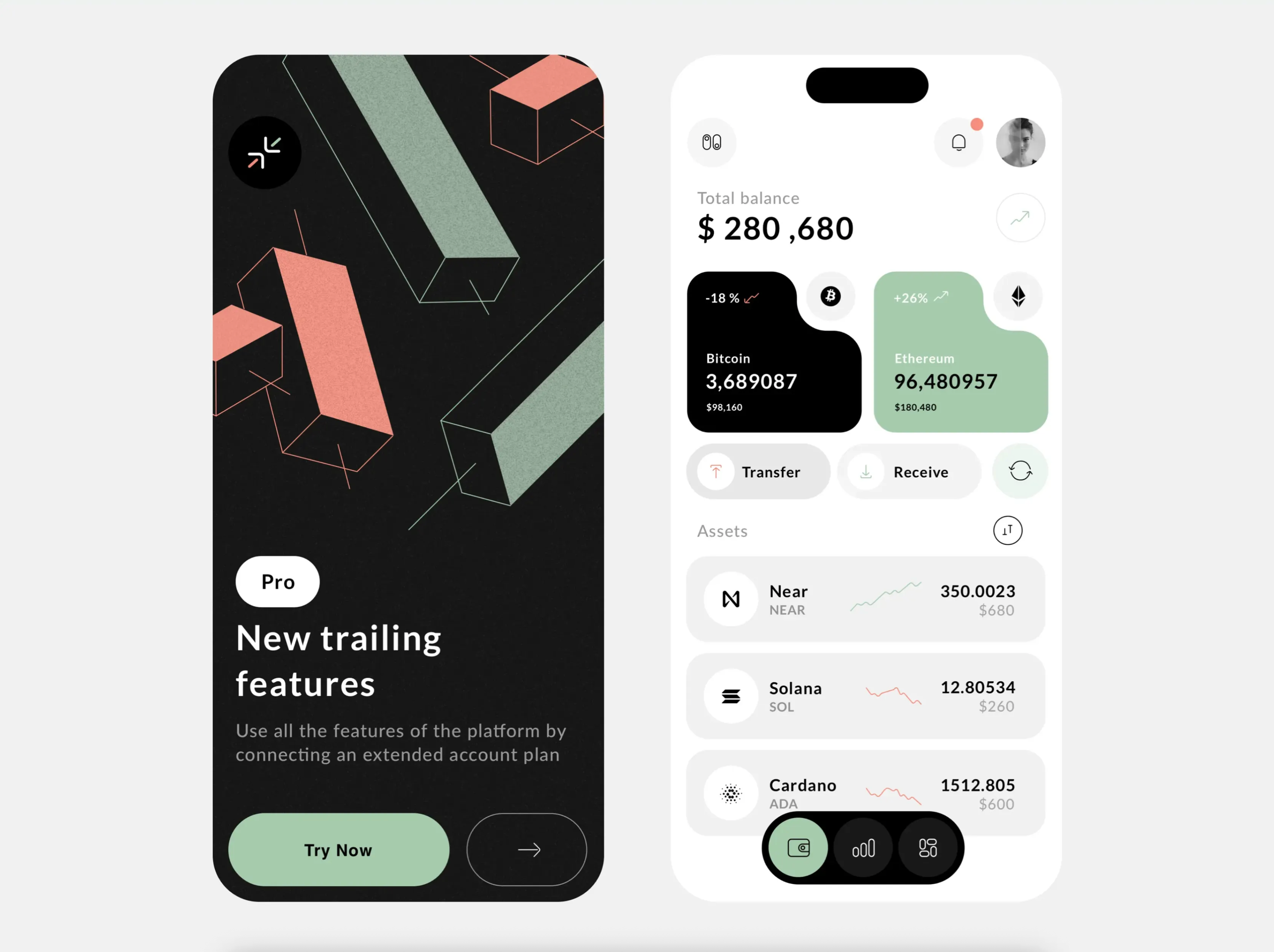 Crypto Wallet Mobile App app bitcoin blockchain crypto crypto wallet design graphic design illustration minimal app modern app money typography ui ux wallet