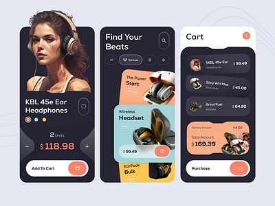 Headphones ecommerce - Mobile design accessories audio cart ecommerce headphones marketplace mobileapp mobiledesign overear product store technology ui ux wireless