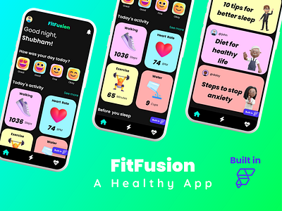 FitFusion - A Healthy App app design app ui dark ui diet fitness flutter flutterflow health healthy homescreen meditation mental health mindfulness mobile app mobile ui sleep ui vector wellness yoga