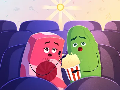 Leave the drama for the movies! board game bright candy cards children illustration childrens book cinema cute design emotion food illustration kids photoshop popcorn procreate table game vegetable