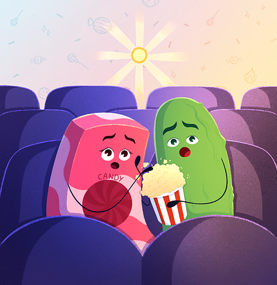 Leave the drama for the movies! board game bright candy cards children illustration childrens book cinema cute design emotion food illustration kids photoshop popcorn procreate table game vegetable