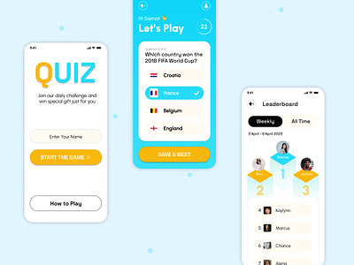 Quiz - Mobile App Design clean design figma game knowledge leaderboard screen mobile app design mobile ui modern question question screen quiz quiz app quiz screen score splash screen