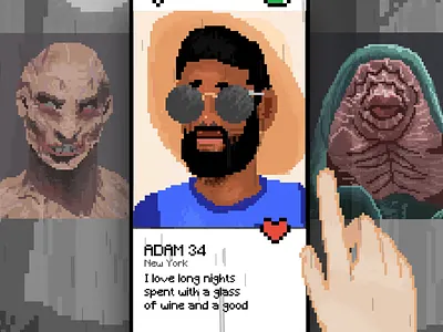 Matchmaking animation application dating app mobile monster motion graphics pixel art ui