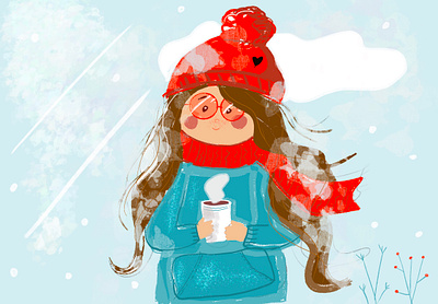 cold winter day with hot coffee brushes children s illustration cold cute girl digital illustration happywibes illustration procreate red winter