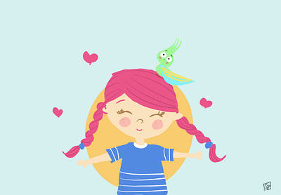 pink girl with green bird animation children s illustration cute girl digital illustration happywibes illustration pink procreate sketches summerwibes