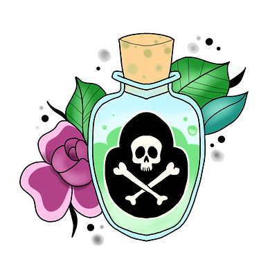 Potion or Poison? cork design digital drawing flash floral poison potion rose skull tattoo