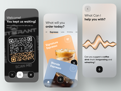 Smart menu concept for a coffee shop with a voice assistant app concept design ios machine learning minimal mobile qr code smart menu ui ux voice assistant