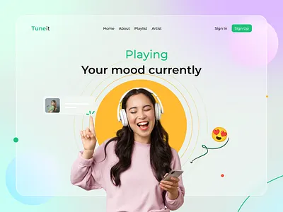 TuneIt - Music streaming website landing page branding colors design dribbble dribbble shot emoji glass morphism illustration minimal minimal website morphism music play podcast ui vector website website interface