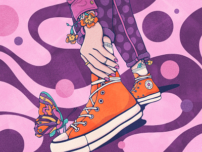 Lookin Fly 70s butterfly colorful converse fashion illustration flowers groovy halftone illustration procreate psychedelic purple retro shoes street style urban nature vintage illustration