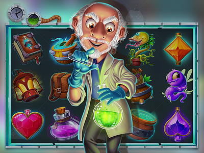 Slot Game Theme Character By Gamix Labs 2d animation 2d artwork animation game characters game development gamix labs illustration scientist lab slot scientist slot art slot slot art slot character slot character design ui