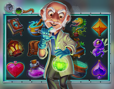 Slot Game Theme Character By Gamix Labs 2d animation 2d artwork animation game characters game development gamix labs illustration scientist lab slot scientist slot art slot slot art slot character slot character design ui