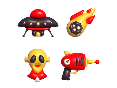 Space 3d alien blaster character comet icons illustrator space ufo ui