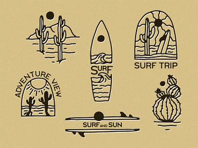 Surfing and Adventure branding cactus design graphic design hand drawn illustration line work logo surf surfing t shirt design tattoo travel vector wave
