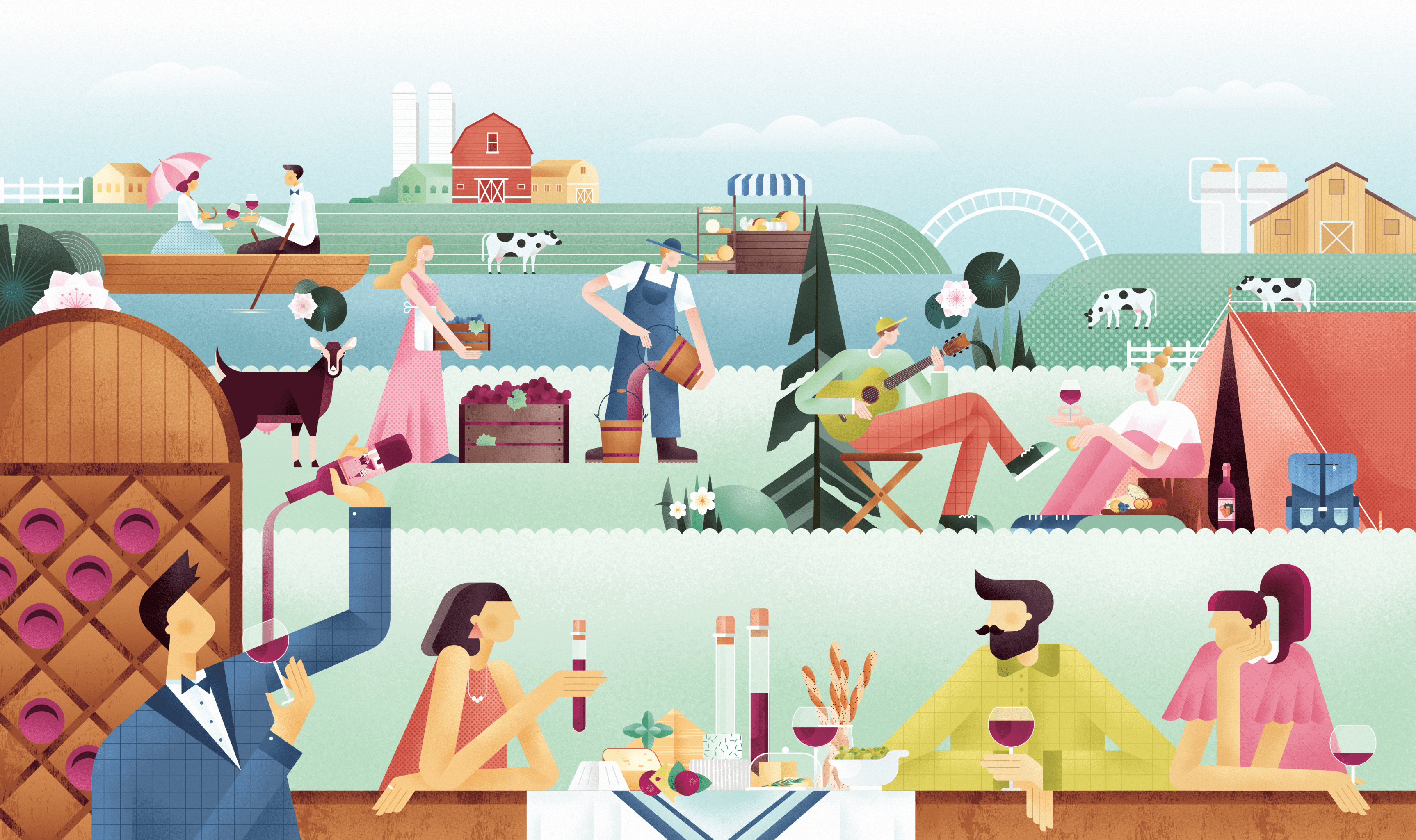 Red wine affinity designer character cheese flat food food illustration girl grape graphic design illustration vector wine wine and cheese wine illustration