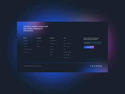 Dark Footer for AI Writing Software 2023 ai clean dark mode design elegant footer fresh gradients layout minimal product software ui web website