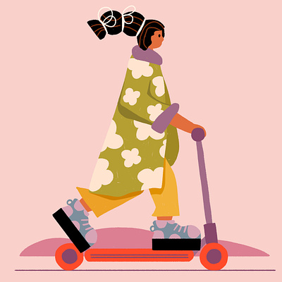 Let's go for a scooter ride art design fashion flowers girl with a scooter graphic design green illustration minimalistic art nature palette park pattern pink scooter simpleillustration sunny walk women