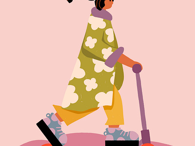 Let's go for a scooter ride art design fashion flowers girl with a scooter graphic design green illustration minimalistic art nature palette park pattern pink scooter simpleillustration sunny walk women