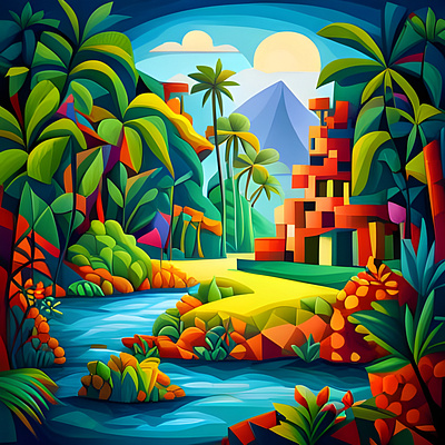 Lush Tropical Island bright colorful cubism vivid