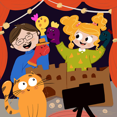 funny puppet show cat children s illustration cute girl digital illustration happywibes illustration procreate