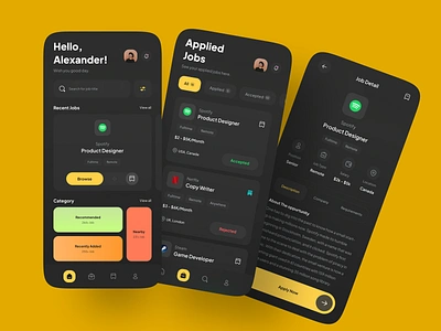 Jobs finder - Dark mode app application career employee find job graphic graphic design hire hiring job app job find job listing job mobile job search mobile mobile app mobile design portal ui ux