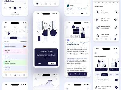 Mental health app app article calendar cart design app flat illustration minmial music podcast profile statistics the health ui ui deign user interface ux ux design