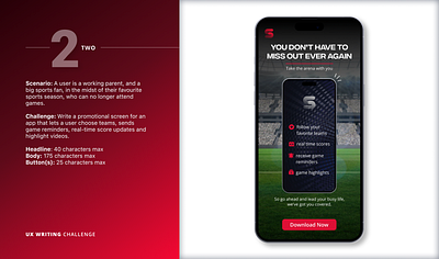 Sports Promotional Screen - UX Writing app promotion app ui branding concept content strategy content writing daily daily ux download app football ios mobile portfolio sports sports app ui ui design ux design ux writing uxwritingchallenge