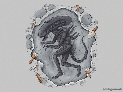 Prehistoric Xenomorph alien cartoon digital art dinosaur giger hand drawn illustration jurassic pop culture shirt design