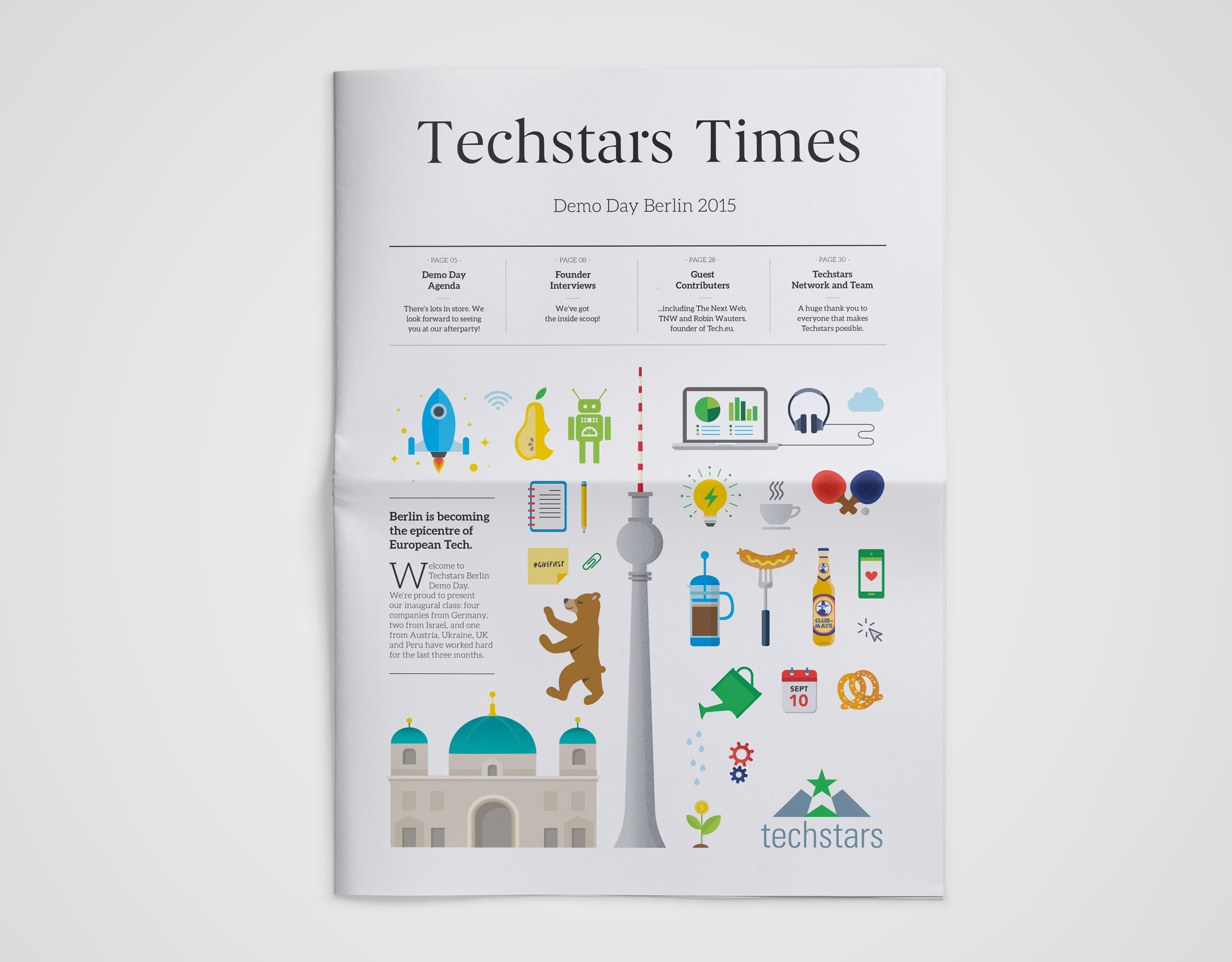 Techstars Newspaper - Demo Day overview berlin branding graphic design icons illustration indesign layout newspaper print startups techstars typography vector