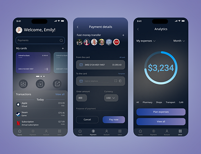 Online Banking Application application business card dark theme design large size mobile app online banking product ui uiux design ux