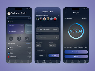 Online Banking Application application business card dark theme design large size mobile app online banking product ui uiux design ux