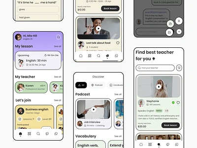 Language Course App course design education english group class language learning lesson mobile online course podcast quiz school speaking student study teacher ui ux vocabulary