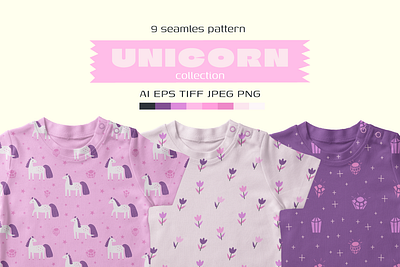 Seamless pattern with unicorn, flowers, crystals art baby fashion flowers pattern graphic design illustration kids art kids design kids illustration nurseries pattern pattern colection design seamless graphic design seamless pattern seamless pattern design textile design textile pattern unicorns pattern walpaper design wrapping paper design