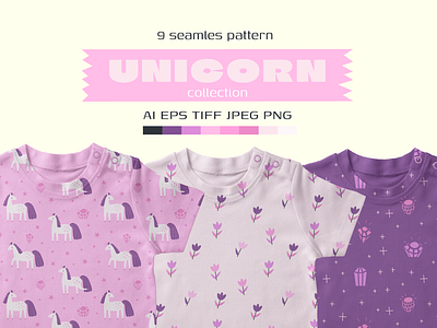 Seamless pattern with unicorn, flowers, crystals art baby fashion flowers pattern graphic design illustration kids art kids design kids illustration nurseries pattern pattern colection design seamless graphic design seamless pattern seamless pattern design textile design textile pattern unicorns pattern walpaper design wrapping paper design